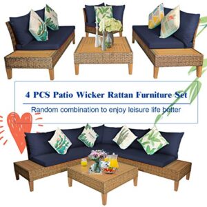 Tangkula 4PCS Acacia Wood Patio Furniture Set, Outdoor Wicker Sectional Sofa Set w/Washable Cushions & Coffee Table, Functional Conversation Set Ideal for Backyard Garden Poolside Balcony