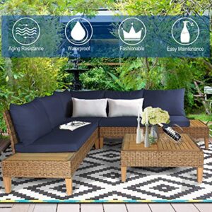 Tangkula 4PCS Acacia Wood Patio Furniture Set, Outdoor Wicker Sectional Sofa Set w/Washable Cushions & Coffee Table, Functional Conversation Set Ideal for Backyard Garden Poolside Balcony