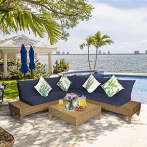 Tangkula 4PCS Acacia Wood Patio Furniture Set, Outdoor Wicker Sectional Sofa Set w/Washable Cushions & Coffee Table, Functional Conversation Set Ideal for Backyard Garden Poolside Balcony