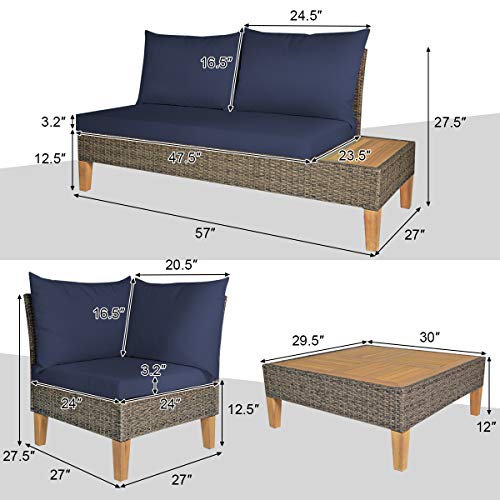 Tangkula 4PCS Acacia Wood Patio Furniture Set, Outdoor Wicker Sectional Sofa Set w/Washable Cushions & Coffee Table, Functional Conversation Set Ideal for Backyard Garden Poolside Balcony