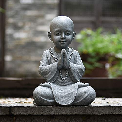 Goodeco Meditating Baby Buddha Statue Figurine - Zen Garden Monk Sculpture,Indoor/Outdoor Decor for Home,Garden Patio Deck Yard Art Decoration- with Natural Wood Beaded Necklace 11.2" (Gray)
