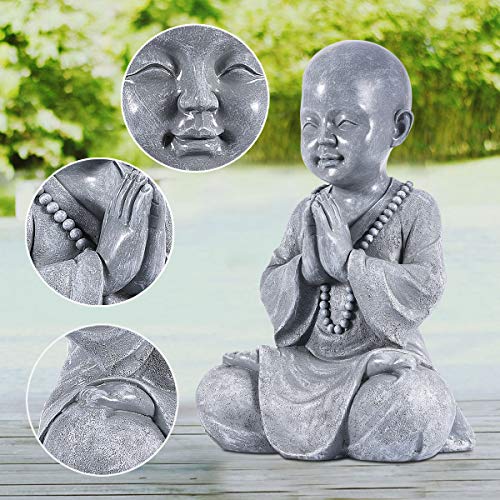 Goodeco Meditating Baby Buddha Statue Figurine - Zen Garden Monk Sculpture,Indoor/Outdoor Decor for Home,Garden Patio Deck Yard Art Decoration- with Natural Wood Beaded Necklace 11.2" (Gray)