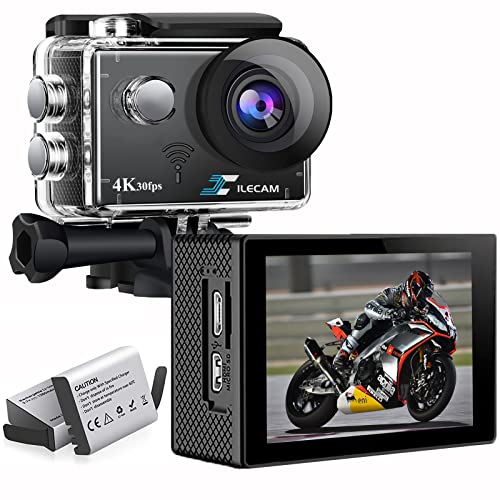 Xilecam 4K Action Camera, 4K/30FPS, WiFi Action Camera, Waterproof Camera Underwater 98ft，170 Degree Wide Angle Sports Camera，2*Battery and Multifunctional Accessories Package (4K30fps)