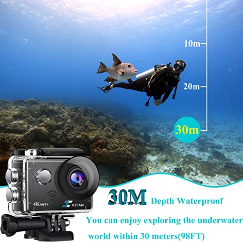 Xilecam 4K Action Camera, 4K/30FPS, WiFi Action Camera, Waterproof Camera Underwater 98ft，170 Degree Wide Angle Sports Camera，2*Battery and Multifunctional Accessories Package (4K30fps)