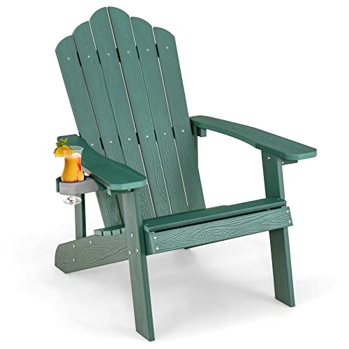 Giantex Outdoor Adirondack Chair - Oversized Patio Chairs w/Hidden Cup Holder, Realistic Wood Grain, 380 LBS Weight Capacity, Weather Resistant Firepit Chairs for Backyard, Garden (1, Dark Green)