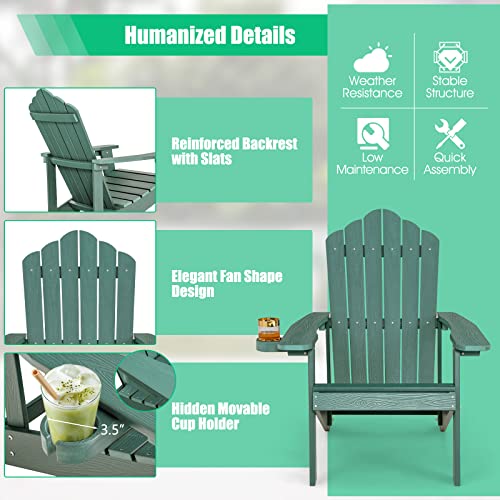 Giantex Outdoor Adirondack Chair - Oversized Patio Chairs w/Hidden Cup Holder, Realistic Wood Grain, 380 LBS Weight Capacity, Weather Resistant Firepit Chairs for Backyard, Garden (1, Dark Green)