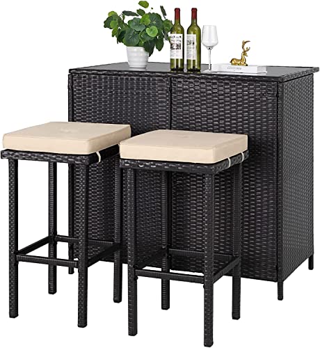 SOLAURA 3-Piece Outdoor Patio Bar Set Black Brown Wicker Bar Table Set Patio Furniture Set Outdoor Bar and Two Stools with Cushions for Backyards, Lawn, Garden, Deck, or Poolside