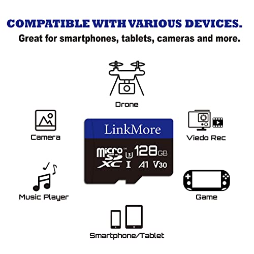 LinkMore 128GB Micro SDXC Card, A1, UHS-I, U3, V30, Class 10 Compatible, Read Speed Up to 95 MB/s,Write Speed Up to 50 MB/s, SD Adapter Included