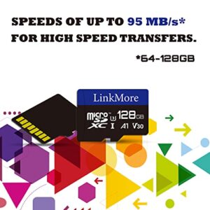 LinkMore 128GB Micro SDXC Card, A1, UHS-I, U3, V30, Class 10 Compatible, Read Speed Up to 95 MB/s,Write Speed Up to 50 MB/s, SD Adapter Included