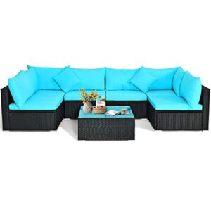 happygrill 7-pieces patio furniture set outdoor rattan wicker sectional sofa set with cushions & pillows & coffee table for garden lawn