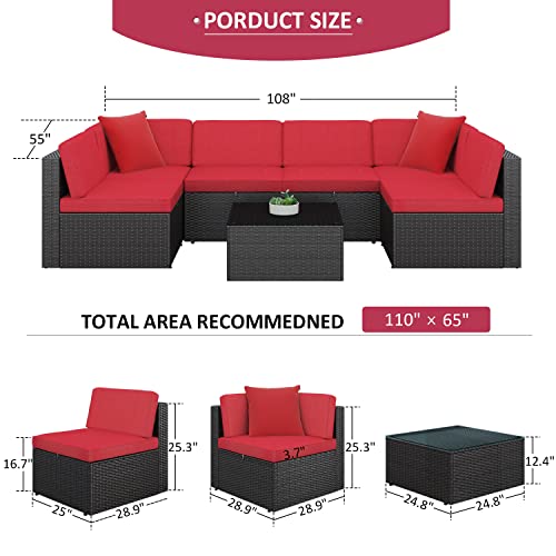 Greesum Patio Furniture Sets 7 Piece Outdoor Wicker Rattan Sectional Sofa with Cushions, Pillows & Glass Table, Red