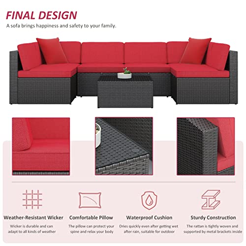 Greesum Patio Furniture Sets 7 Piece Outdoor Wicker Rattan Sectional Sofa with Cushions, Pillows & Glass Table, Red