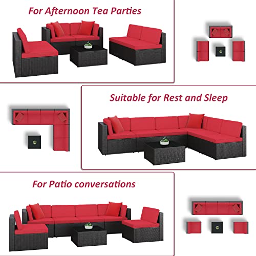 Greesum Patio Furniture Sets 7 Piece Outdoor Wicker Rattan Sectional Sofa with Cushions, Pillows & Glass Table, Red