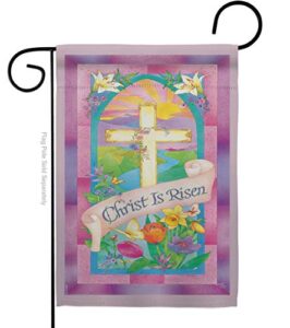 breeze decor christ is risen garden spring easter egg bunny chicks cross religious christian rejoice tulip decorative gift house banner double sided, thick fabric, small flag only