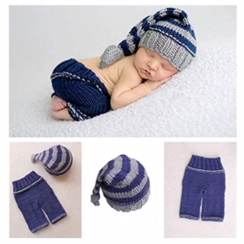 Newborn Baby Photo Shoot Props Girl Boy Crochet Knit Hat Costume Stripe Hat Pants Overalls Photography Props (Multicolor)