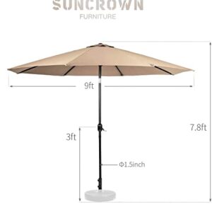 SUNCROWN Patio Umbrella 9Ft Outdoor Table Market Umbrellas With Push Button Tilt, Crank and 8 Ribs For Lawn, Garden, Deck, Beach, Backyard&Pool, Brown