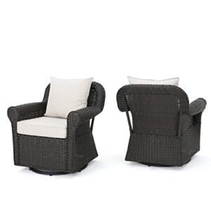 GDF Studio Augusta Patio Furniture ~ 3 Piece Outdoor Wicker Rocking Arm Chair and Propane (Gas) Fire Pit (Table) Set