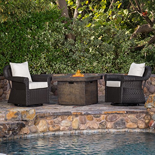 GDF Studio Augusta Patio Furniture ~ 3 Piece Outdoor Wicker Rocking Arm Chair and Propane (Gas) Fire Pit (Table) Set