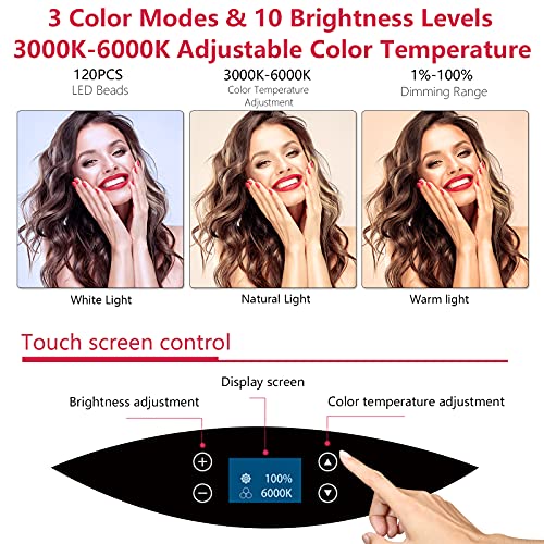 19 inch LED Ring Light LCD Display Touch Screen with Tripod Stand Dimmable Makeup Selfie Ring Light for Studio Portrait YouTube Vlog Video Shooting with Carrying Bag and Remote Controller, CRI>90