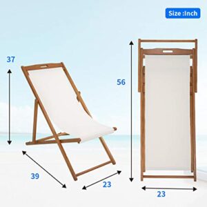 FDW Beach Sling Patio Chair for Relaxing, Foldable with Adjustable Height Made from Eucalyptus Wood with White Polyester (White, Brown)