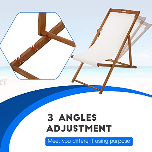 FDW Beach Sling Patio Chair for Relaxing, Foldable with Adjustable Height Made from Eucalyptus Wood with White Polyester (White, Brown)