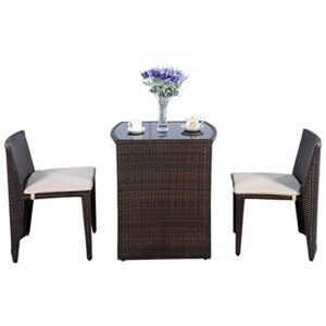 happygrill 3pcs patio wicker bistro set outdoor rattan dining set patio furniture set with cushions, space saving design, no assembly required