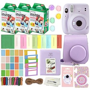 fujifilm instax mini 11 instant camera with case, 60 fuji films, decoration stickers, frames, photo album and more accessory kit (lilac purple)