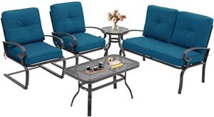 oakmont 5pcs outdoor patio furniture conversation sets (loveseat, coffee table and bistro table, 2 spring chair) -wrought iron chair set with peacock blue cushions