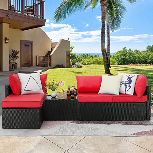 Pretzi 5 Pieces Patio Furniture Sets, Outdoor Sectional Sofa, All Weather Rattan Wicker Couch with Washable Cushions and Glass Table, Patio Conversation Set for Porch Backyard Garden Pool Deck Balcony