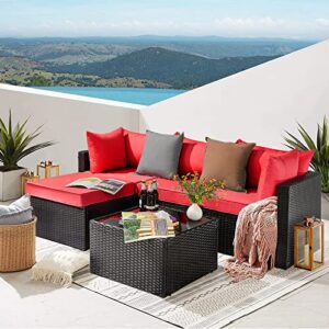 pretzi 5 pieces patio furniture sets, outdoor sectional sofa, all weather rattan wicker couch with washable cushions and glass table, patio conversation set for porch backyard garden pool deck balcony