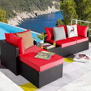 Pretzi 5 Pieces Patio Furniture Sets, Outdoor Sectional Sofa, All Weather Rattan Wicker Couch with Washable Cushions and Glass Table, Patio Conversation Set for Porch Backyard Garden Pool Deck Balcony