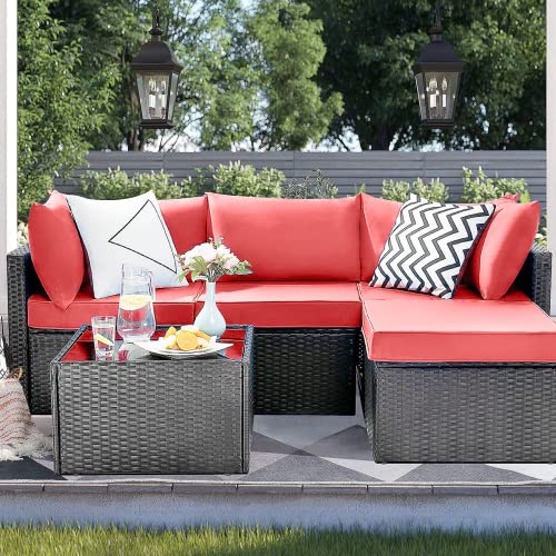 Pretzi 5 Pieces Patio Furniture Sets, Outdoor Sectional Sofa, All Weather Rattan Wicker Couch with Washable Cushions and Glass Table, Patio Conversation Set for Porch Backyard Garden Pool Deck Balcony