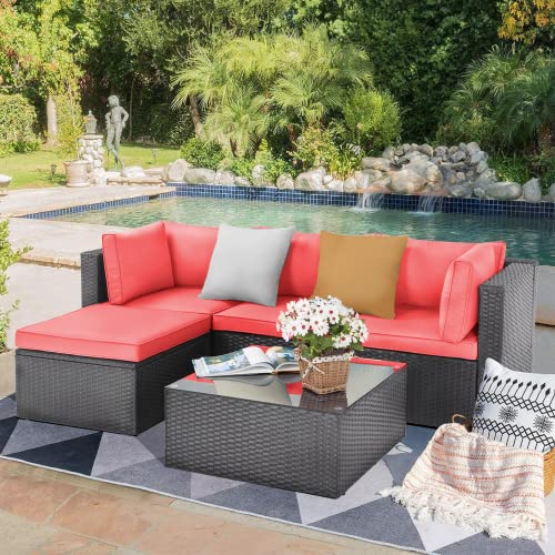 Pretzi 5 Pieces Patio Furniture Sets, Outdoor Sectional Sofa, All Weather Rattan Wicker Couch with Washable Cushions and Glass Table, Patio Conversation Set for Porch Backyard Garden Pool Deck Balcony