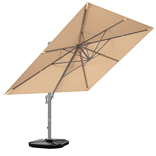 TANGKULA 10x13ft Patio Offset Rectangular Umbrella, Garden Cantilever Umbrella W/ 360° Rotation Function, 4-Tilt Setting & Hand-Crank System, Large Hanging Umbrella W/Weight Base Included (Beige)