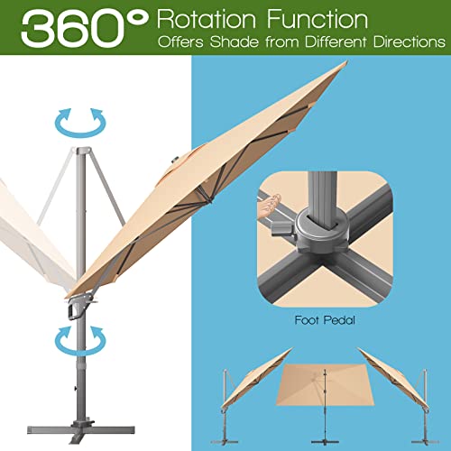 TANGKULA 10x13ft Patio Offset Rectangular Umbrella, Garden Cantilever Umbrella W/ 360° Rotation Function, 4-Tilt Setting & Hand-Crank System, Large Hanging Umbrella W/Weight Base Included (Beige)