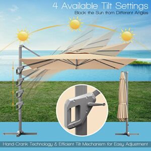 TANGKULA 10x13ft Patio Offset Rectangular Umbrella, Garden Cantilever Umbrella W/ 360° Rotation Function, 4-Tilt Setting & Hand-Crank System, Large Hanging Umbrella W/Weight Base Included (Beige)