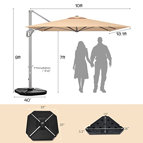 TANGKULA 10x13ft Patio Offset Rectangular Umbrella, Garden Cantilever Umbrella W/ 360° Rotation Function, 4-Tilt Setting & Hand-Crank System, Large Hanging Umbrella W/Weight Base Included (Beige)