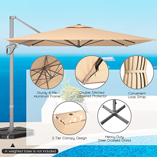 TANGKULA 10x13ft Patio Offset Rectangular Umbrella, Garden Cantilever Umbrella W/ 360° Rotation Function, 4-Tilt Setting & Hand-Crank System, Large Hanging Umbrella W/Weight Base Included (Beige)