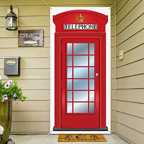 English Phone Booth Door Cover, Large Fabric Red Telephone Box Door Cover Home Jointed Phone Box Decor Banner for Photo Backdrop British International Themed Party Favors, 78.7 x 35.4 Inch