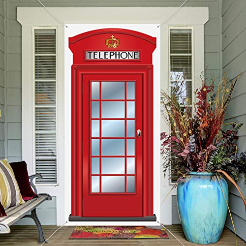 English Phone Booth Door Cover, Large Fabric Red Telephone Box Door Cover Home Jointed Phone Box Decor Banner for Photo Backdrop British International Themed Party Favors, 78.7 x 35.4 Inch