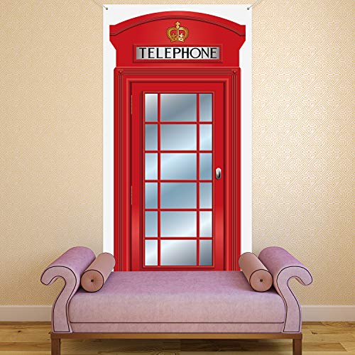 English Phone Booth Door Cover, Large Fabric Red Telephone Box Door Cover Home Jointed Phone Box Decor Banner for Photo Backdrop British International Themed Party Favors, 78.7 x 35.4 Inch