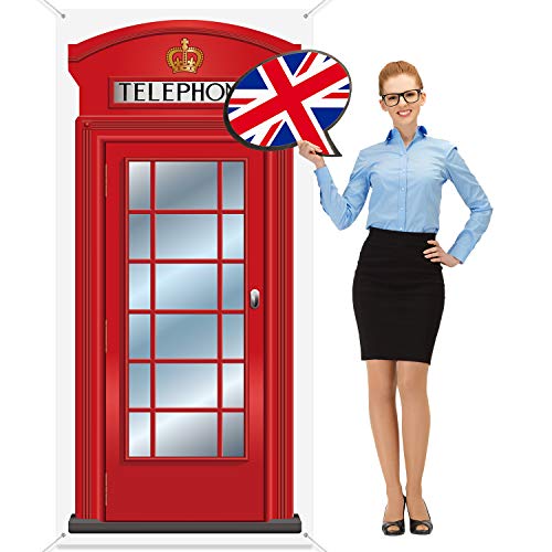 English Phone Booth Door Cover, Large Fabric Red Telephone Box Door Cover Home Jointed Phone Box Decor Banner for Photo Backdrop British International Themed Party Favors, 78.7 x 35.4 Inch