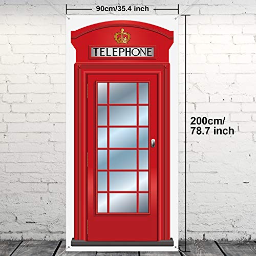 English Phone Booth Door Cover, Large Fabric Red Telephone Box Door Cover Home Jointed Phone Box Decor Banner for Photo Backdrop British International Themed Party Favors, 78.7 x 35.4 Inch