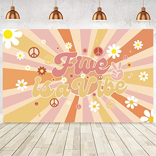 Groovy 5th Birthday Backdrop Banner Five is A Vibe Birthday Backdrop Retro Hippie Boho Girl Birthday Party Decorations Party Supplies Daisy Flower Birthday Photography Background Photo Prop Wall Decor