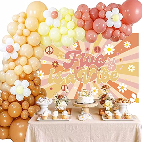 Groovy 5th Birthday Backdrop Banner Five is A Vibe Birthday Backdrop Retro Hippie Boho Girl Birthday Party Decorations Party Supplies Daisy Flower Birthday Photography Background Photo Prop Wall Decor