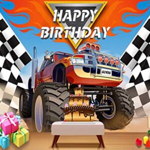 Monster Truck Backdrop Photography Photo Booth Props Children Happy Birthday Banner Supplies Grave Digger Speed Checkered Flag Photo Background Baby Shower Cars Party Decoration 5x3ft Vinyl