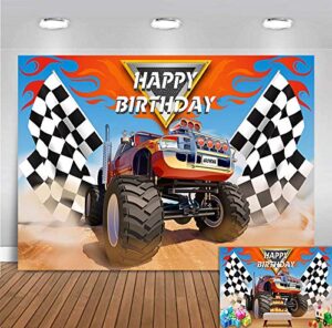 monster truck backdrop photography photo booth props children happy birthday banner supplies grave digger speed checkered flag photo background baby shower cars party decoration 5x3ft vinyl