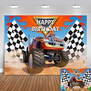 Monster Truck Backdrop Photography Photo Booth Props Children Happy Birthday Banner Supplies Grave Digger Speed Checkered Flag Photo Background Baby Shower Cars Party Decoration 5x3ft Vinyl