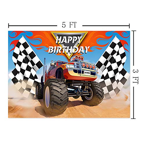 Monster Truck Backdrop Photography Photo Booth Props Children Happy Birthday Banner Supplies Grave Digger Speed Checkered Flag Photo Background Baby Shower Cars Party Decoration 5x3ft Vinyl