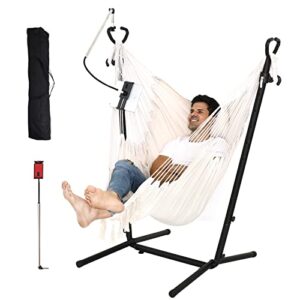 hammock chair with stand and foot pad double hammock chair bohemian style with tassel mobile phone support manually adjustable swing indoor and outdoor garden porch capacity 400 pounds